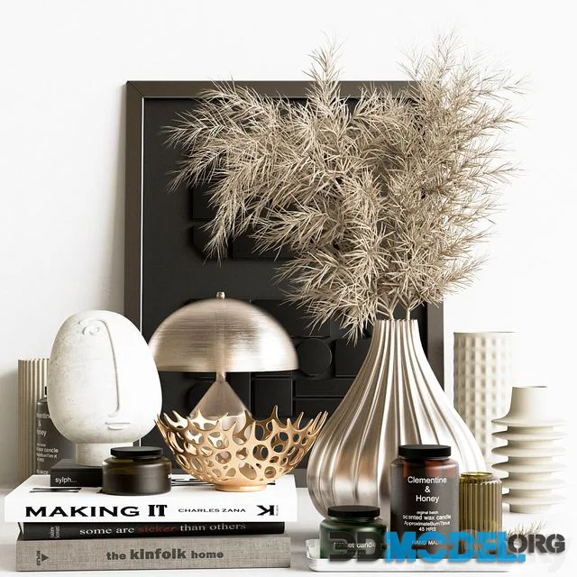 Decor set 019 (vases, dried flowers, table lamp)