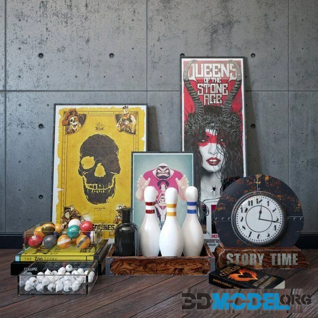 Decorative set with clocks, books, skittles