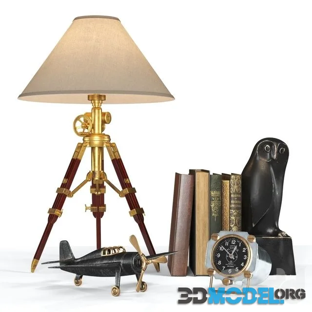 Decorative set (lamp, books, plane, owl)