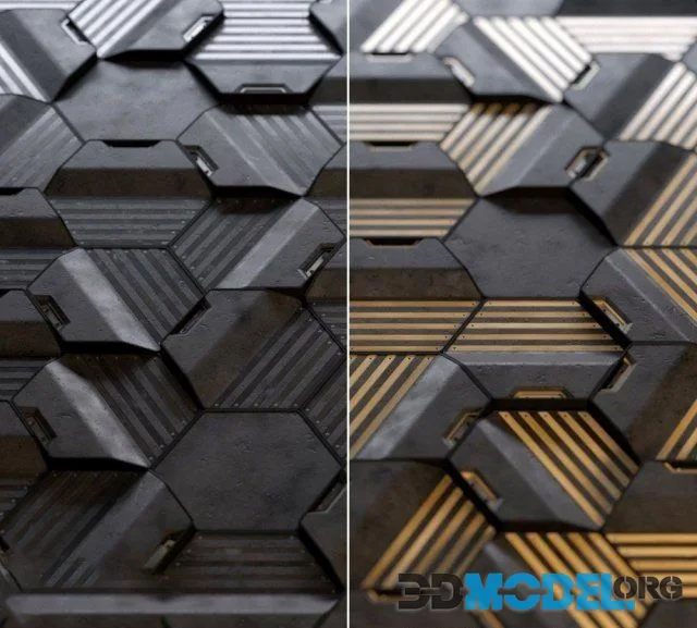 Hexagonal wall panels made of wood and concrete
