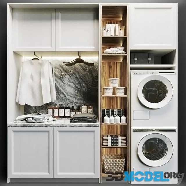 Laundry room in white with household appliances, cosmetics and clothes 8