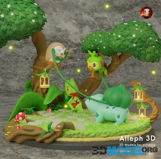 Pokemon diorama bulbasaur, treecko, rowlet and grookey – Printable