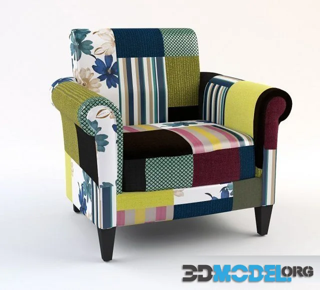 Bright armchair made of pieces of fabric