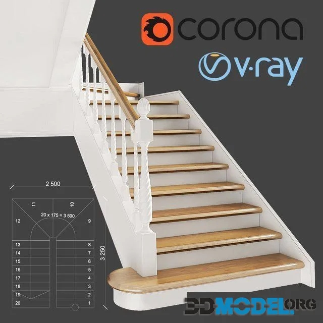 Classic two-march staircase with staggered steps