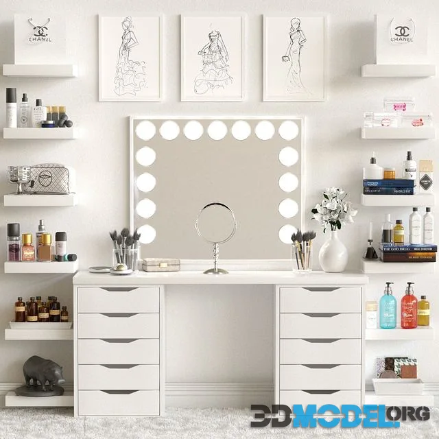 Dressing table and shelves with cosmetics. Makeup 3