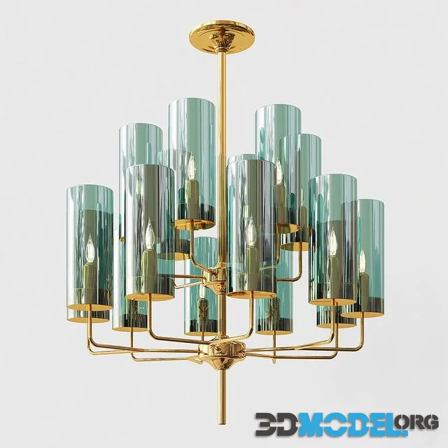 Hans-Agne Jakobsson Brass & Blue Glass Tube Chandelier