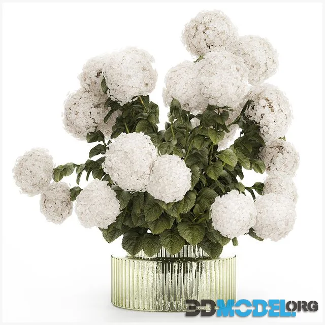 Large lush festive bouquet in a glass green vase with white hydrangea. Set 582