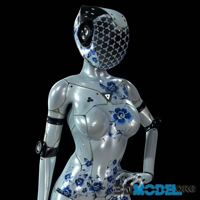 NEON Gzhel – cybernetic girl Low-poly (PBR)