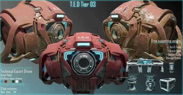 Technical Escort Drone Tier 3 T-E-D Sci-Fi Asset Pack Low-poly (PBR)