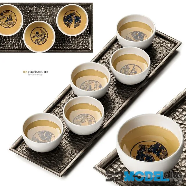Asian Tea decoration Set with Hammered Metal Plate