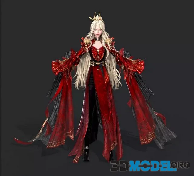 Beautiful girl in red Low-poly (PBR)