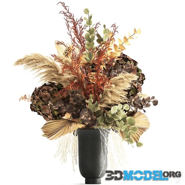 Bouquet of dried flowers in a black vase with dry branches of palm leaves, pampas and Hydrangea. 160