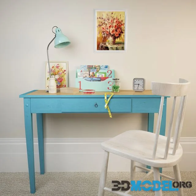 Decoration set (chair, writing desk, painting, table lamp, clock)