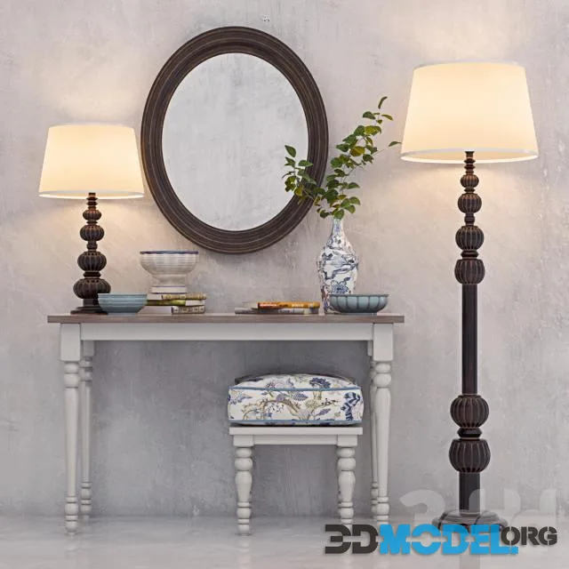 Decorative set of classic dressing table with ottoman, lamps and decor.