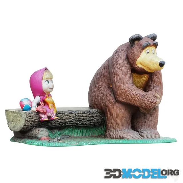 Sculpture of the characters Masha and the bear are sitting on a bench