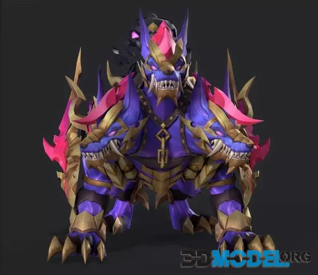Three headed fiery Wolf Low-poly (PBR)