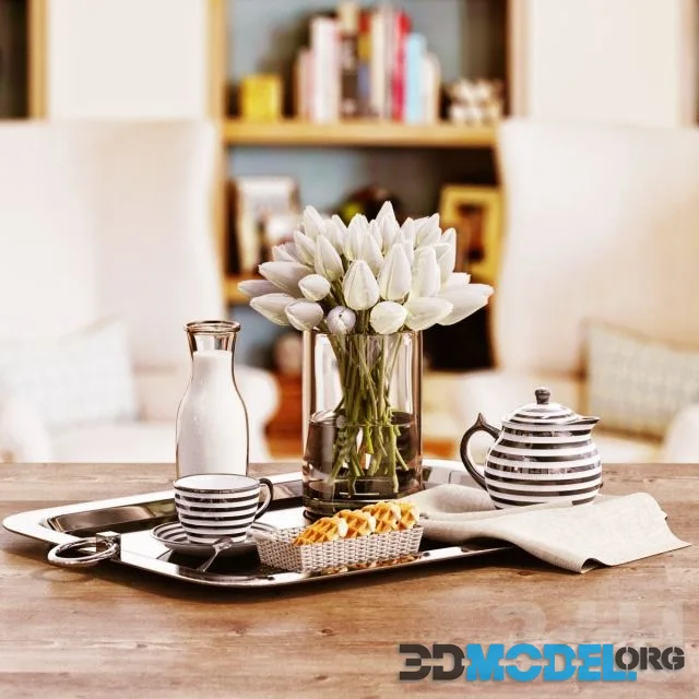 Tray with dishes and white tulips