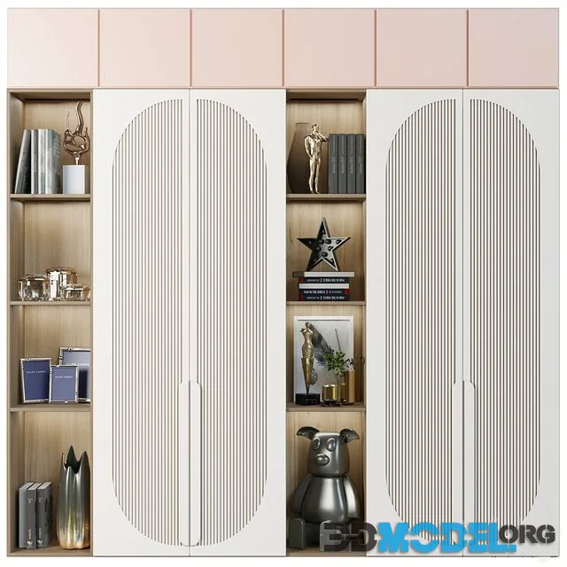 Wardrobe with decor, books and figurines in the nursery