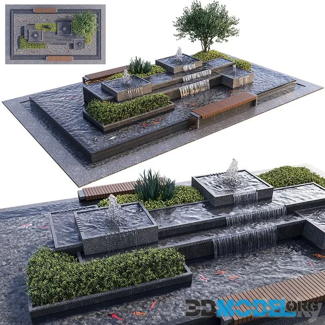 Landscaping Figure with Plants Waterfalls and Fish 2