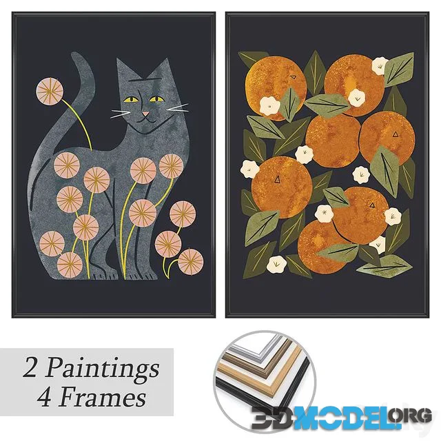 Set of 2 paintings and 4 frame options (plastic, wood, bronze, steel)