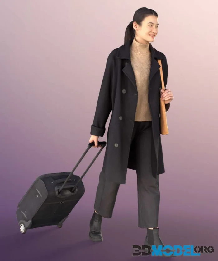 Asian Woman Black Coat Trolley Travelling Bag (PBR)