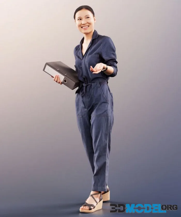 Asian Woman In Jumpsuit Holding Folder (PBR)