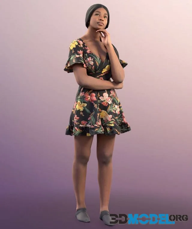 Black Woman Standing In Flowered Dress (PBR)