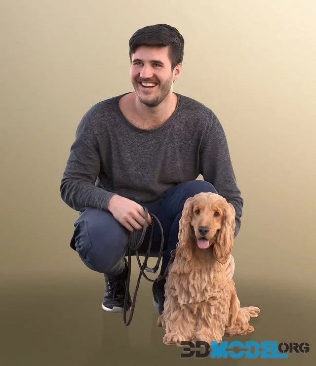 Casual Man With His Dog Crouching (PBR)