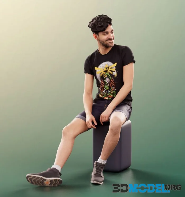 Casual Sitting Guy Smiling With Graphic Shirt (PBR)