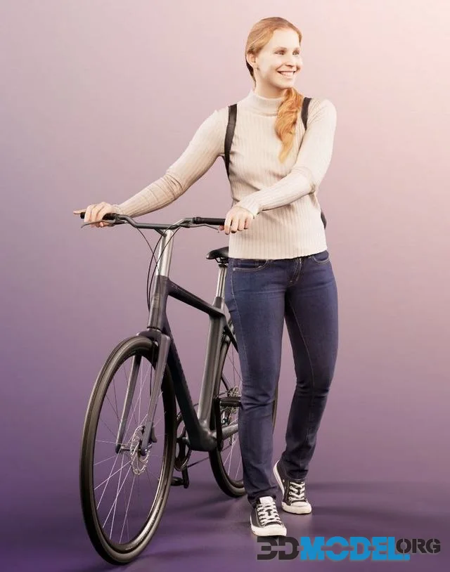 Casual Woman Pushing Her Bike With Bag (PBR)