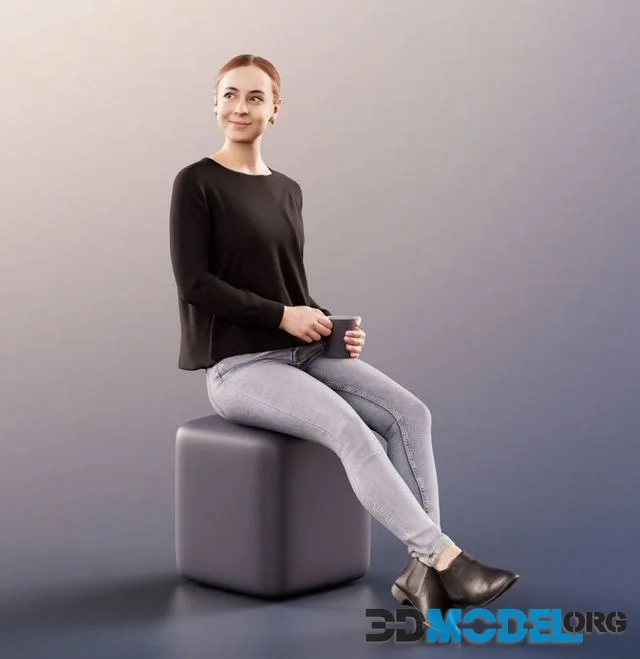 Casual Woman Sitting Holding A Cup Looking Around (PBR)