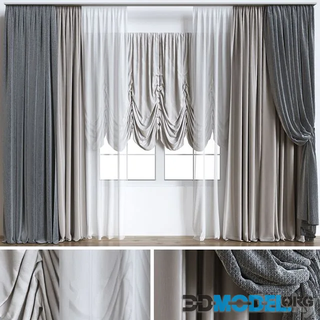 Curtains_8 (Roman curtain, tulle, two curtains, cornice, window frame)
