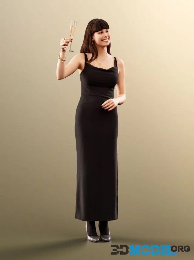 Elegant Woman Black Dress Holding Champagne Glass (PBR)