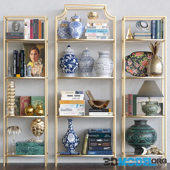 Golden rack with decor for the apartment, figurines and a lamp