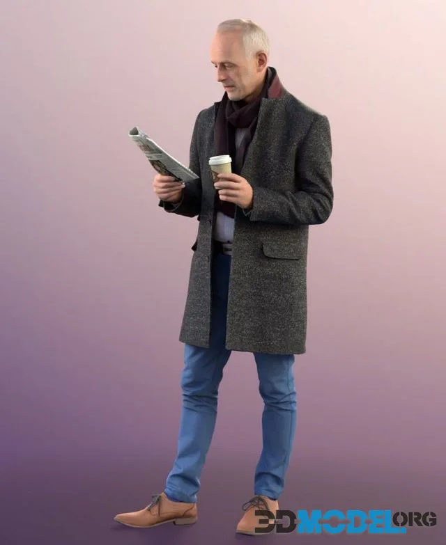 Man standing coat winter reading newspaper coffe (PBR)