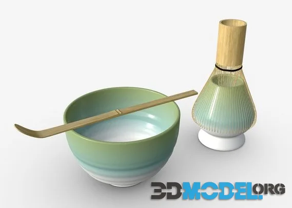 Matcha Tea Set Bowl Whisk Spoon Low-poly
