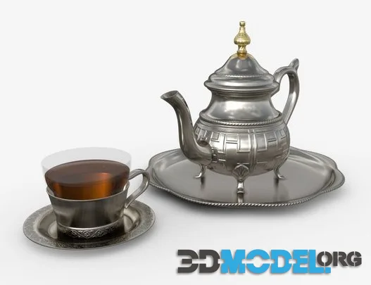Silver Teapot And Cup With Tea Low-poly