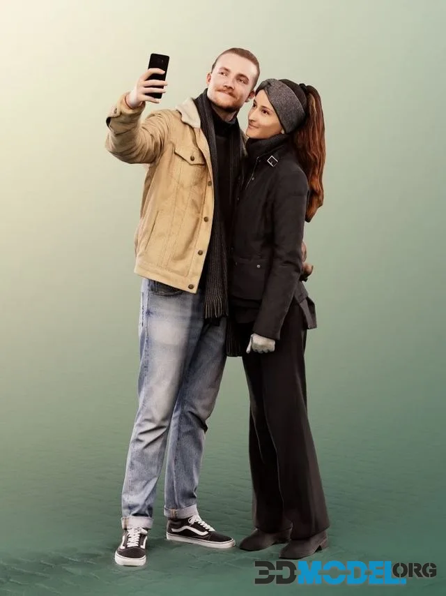 Standing Couple Taking Selfie Winter low-poly (PBR)