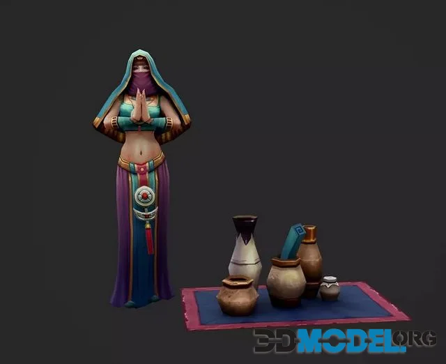 Veiled girl vendor woman low-poly (PBR)