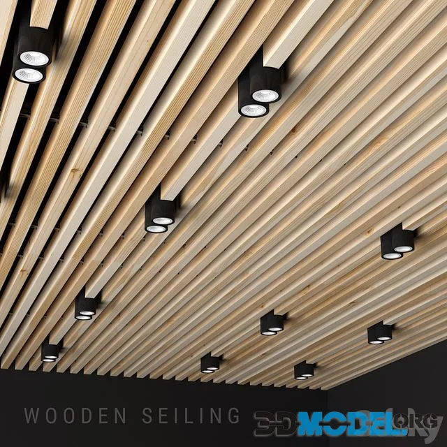 Wooden roof ceiling, with structural elements and overhead aluminum luminaires Donolux N 1595 BLACK