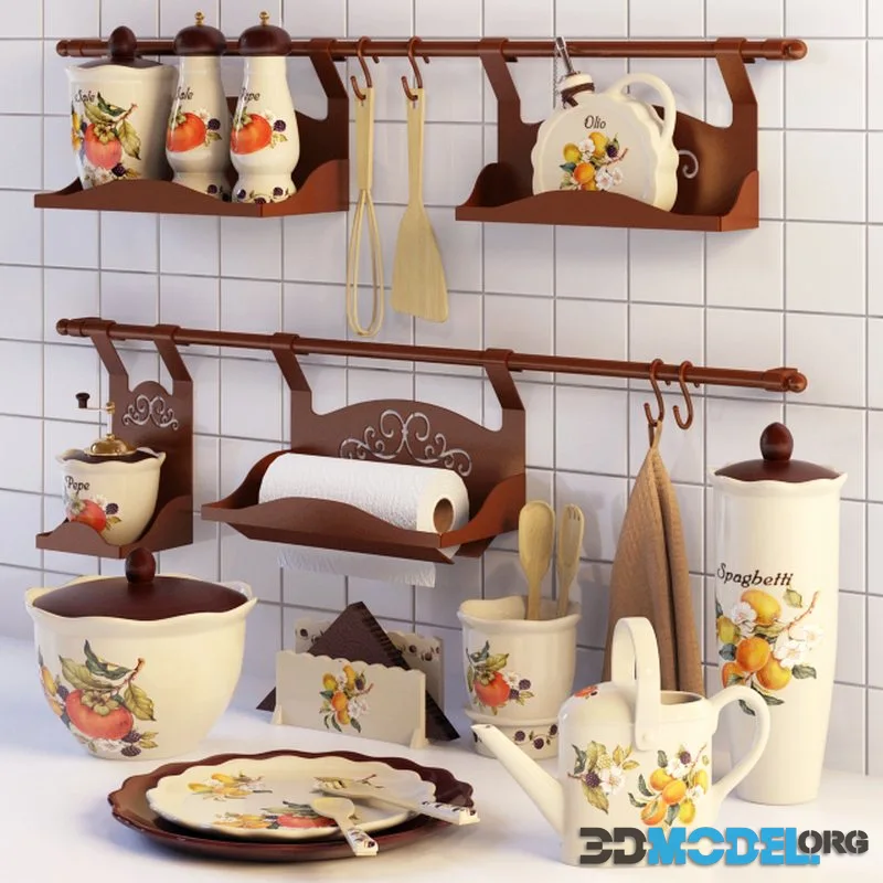 A set of dishes and rail for kitchen
