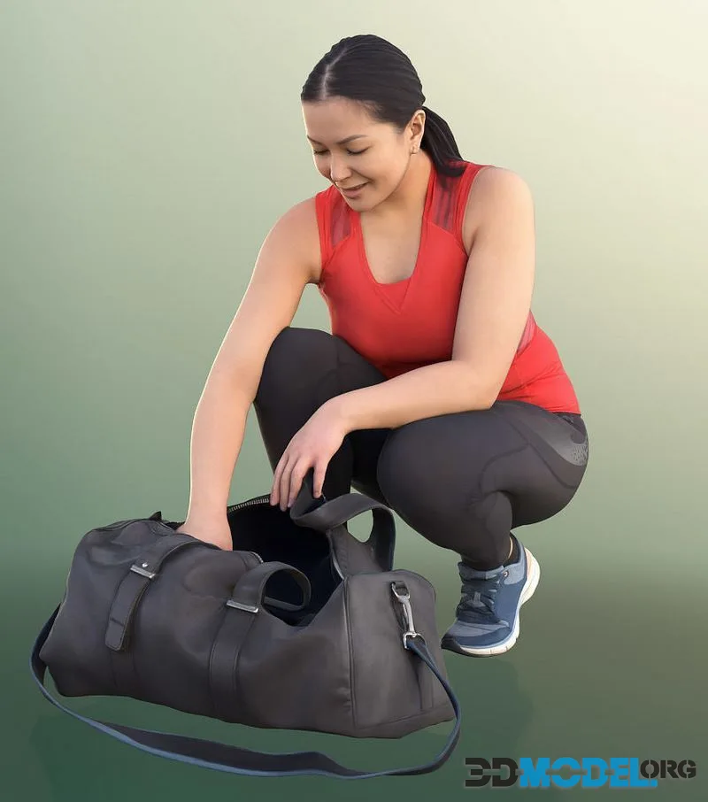 Athletic Asian Woman Crouching Searching In Bag (PBR)