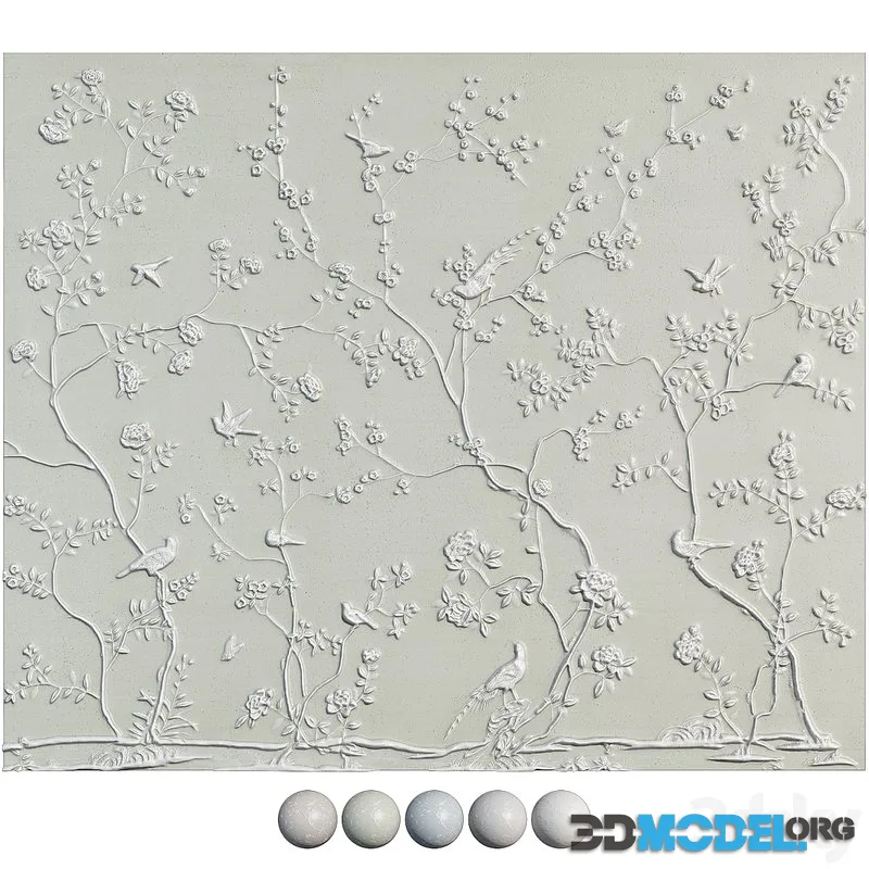 Botanical bas-relief plaster wall decorative panel garden birds tree flowers