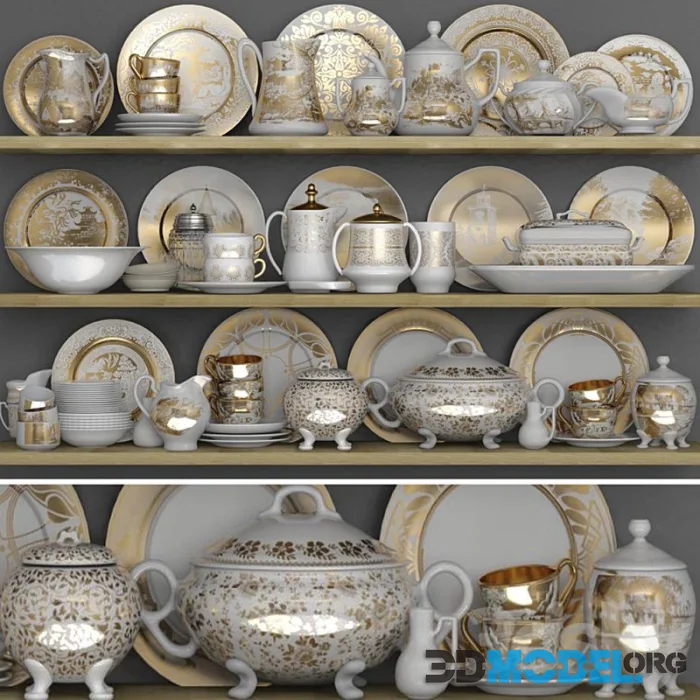 Classic crockery set with porcelain and gold leaf