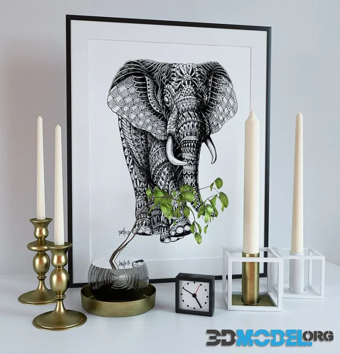 DECOR (candles, clock, painting of an elephant)