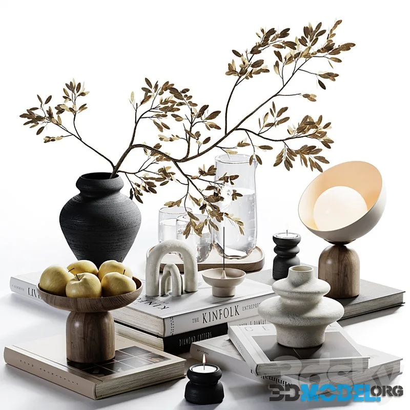 Decorative Set 24 (table lamp, branch, books, apples)