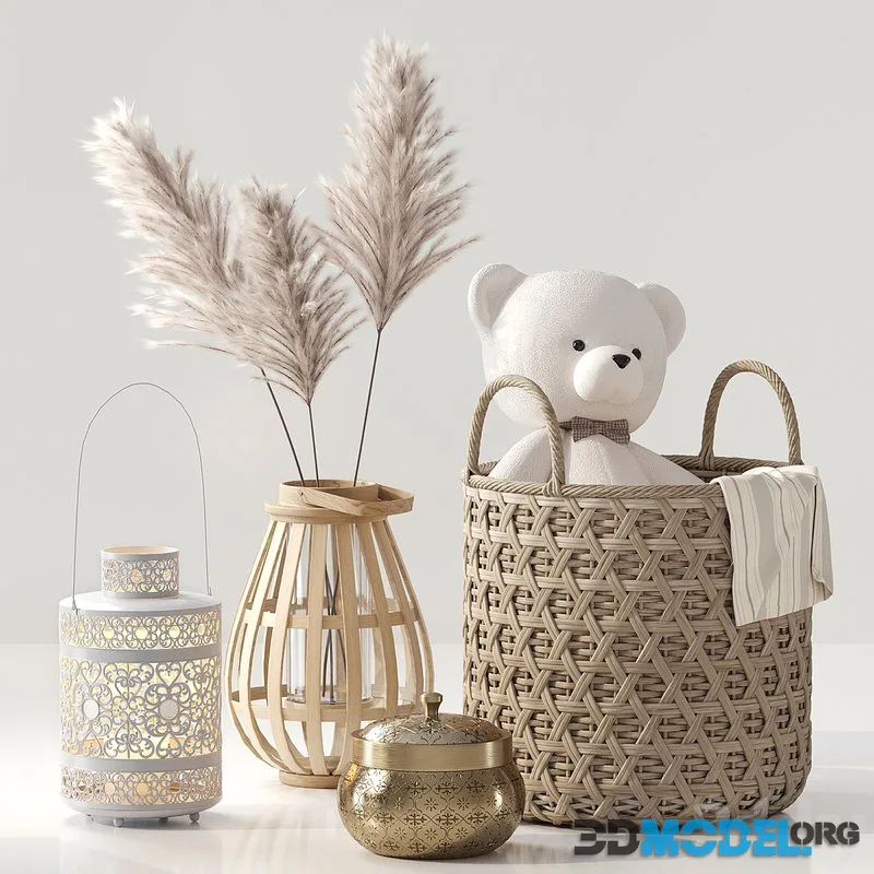 Decorative set with dry pampas branches, rattan basket, decorative candlestick and soft toy