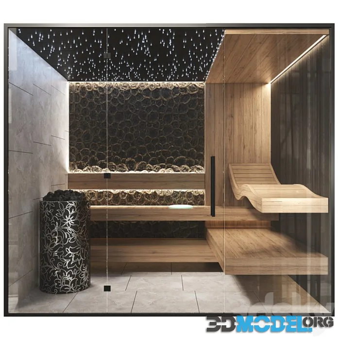 Finnish sauna with burnt wood decor