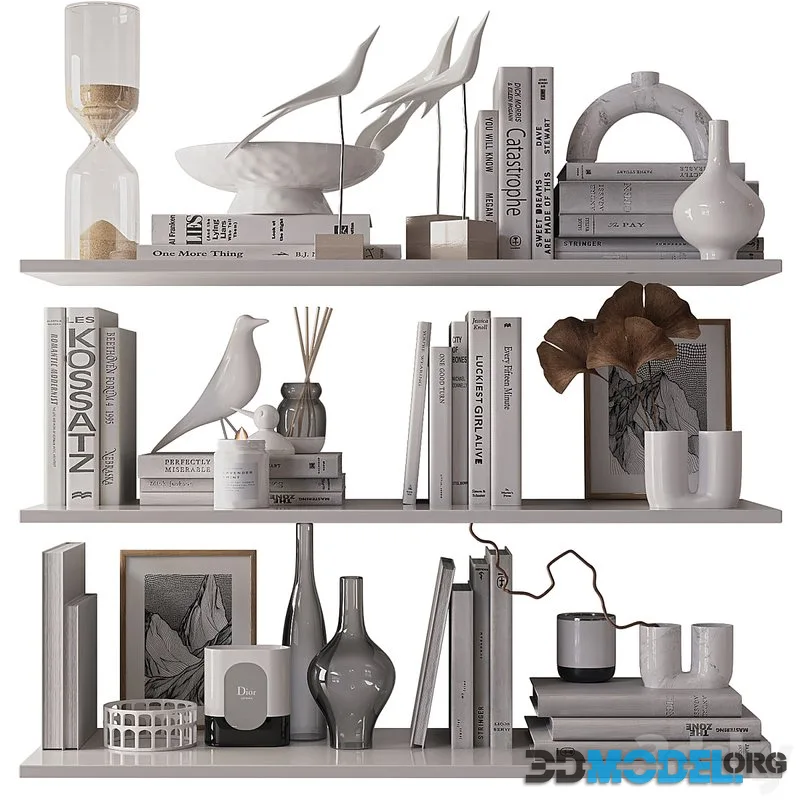 shelves with decorative filling, vases and books