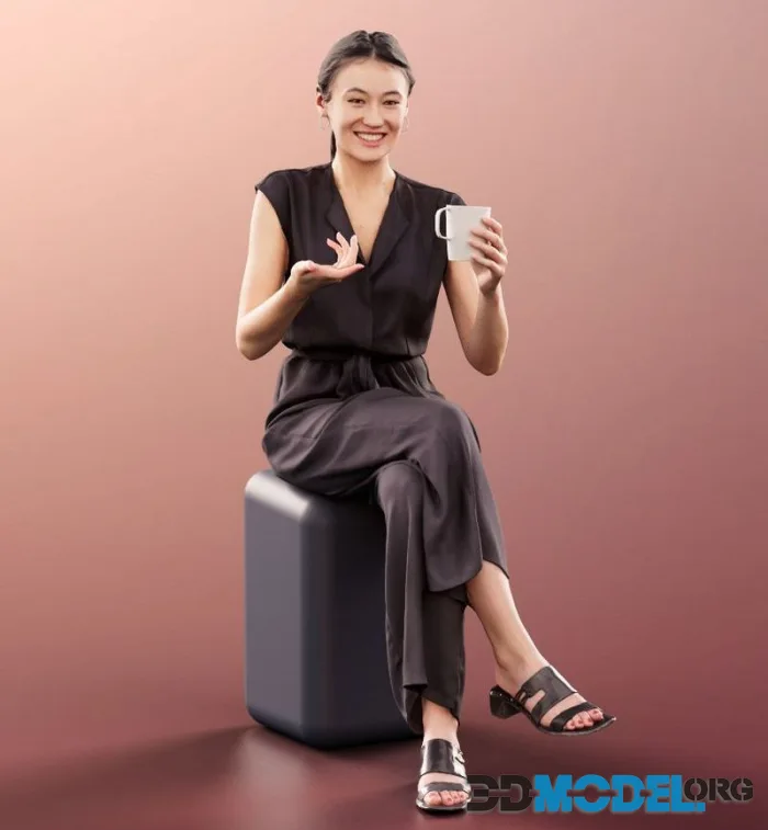 Sitting Asian Woman With Cup Talking low-poly (PBR)